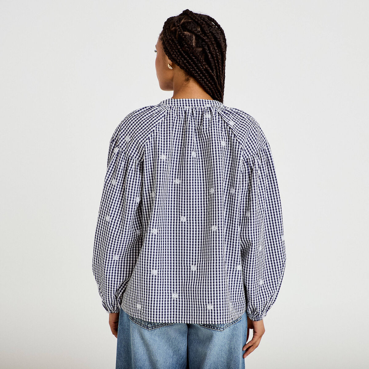 Blouse vichy brod&eacute;e bleu femme