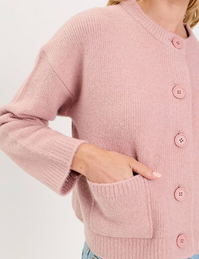 Gilet bouclette col rond manches longues rose poudr&eacute;e femme