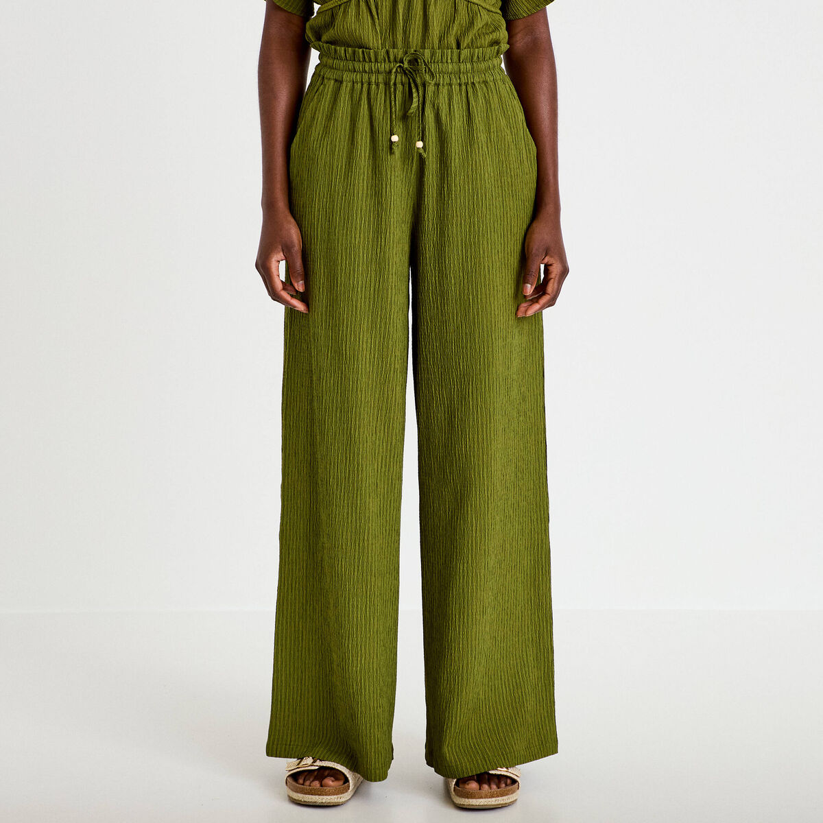 Pantalon large fluide taille haute vert kaki femme