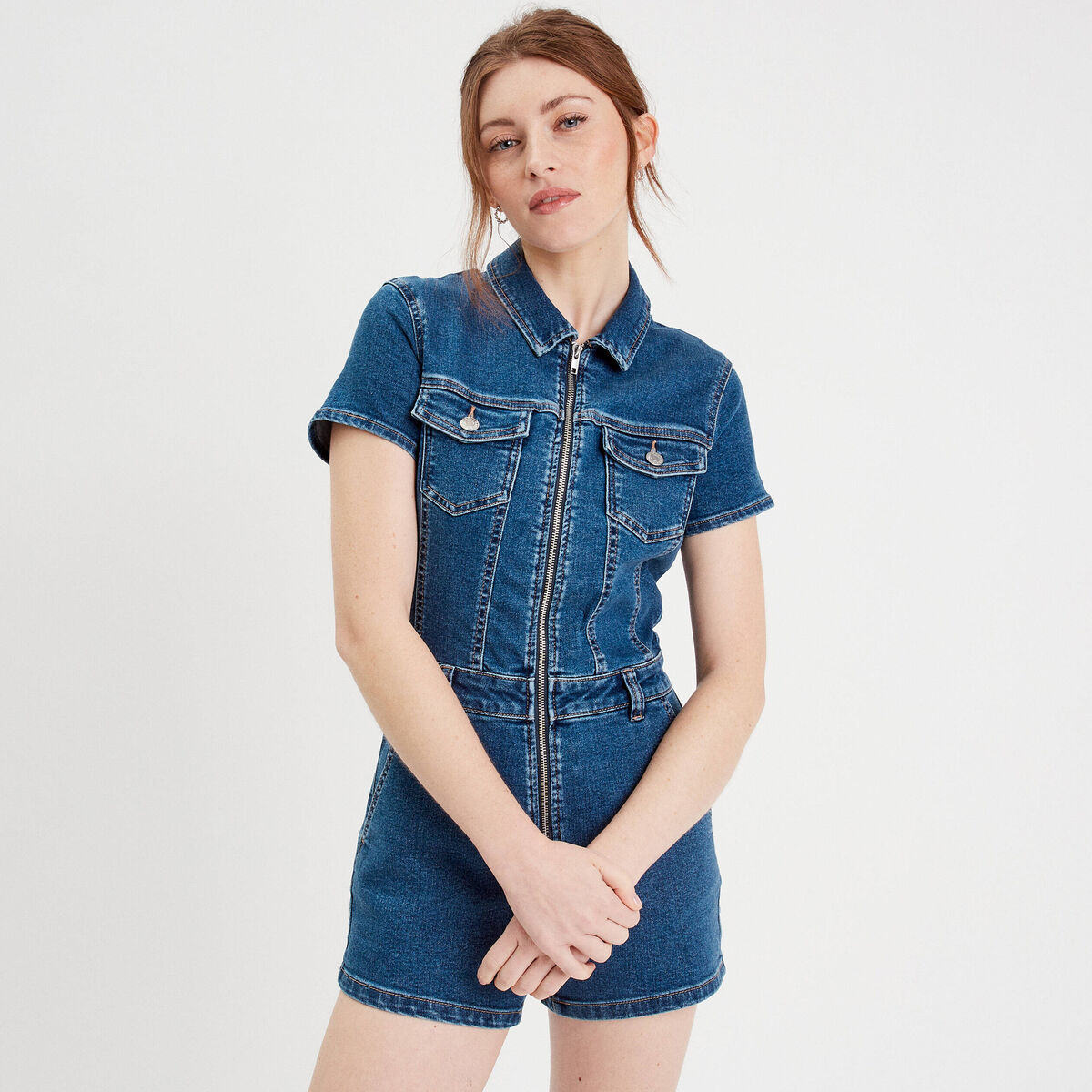 Combishort zipp&eacute;e en jean denim double stone femme