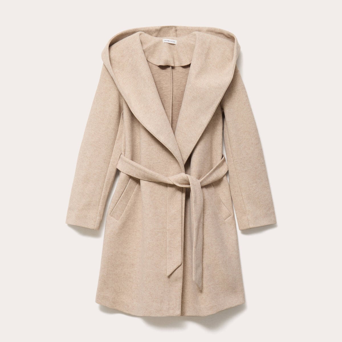 Manteau ceintur&eacute; &agrave; capuche beige femme