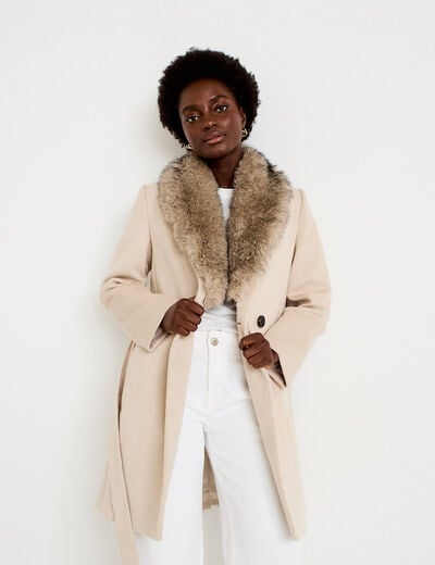 Manteau cintr&eacute; col ch&acirc;le manches longues beige femme