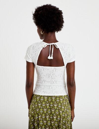 T-shirt ajust&eacute; &agrave; relief manches courtes ecru femme