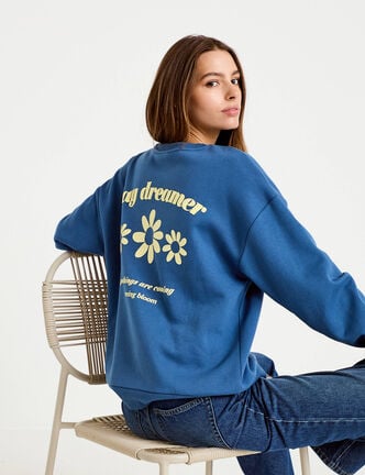 Sweat oversize col rond manches longues bleu fonc&eacute; femme