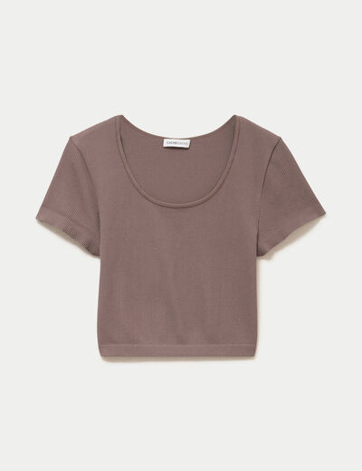 Crop top sans couture col rond marron clair femme