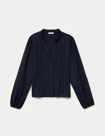 Blouse broderie col V manches longues bleu marine femme