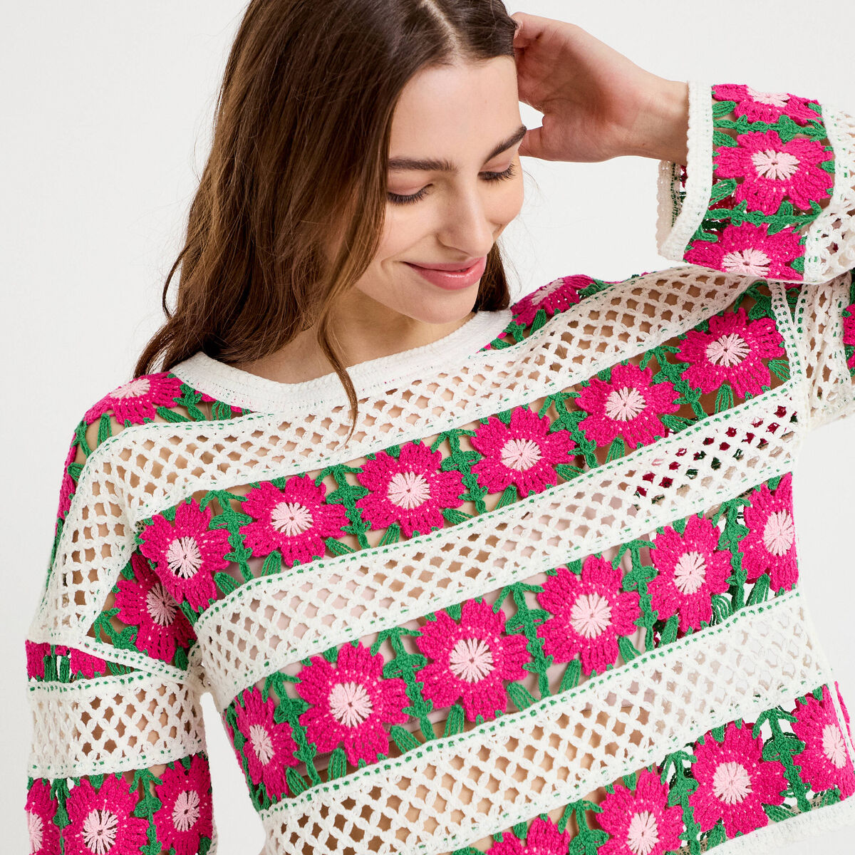 Pull manches longues rose fushia femme