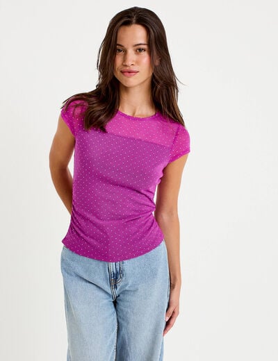 Top ajust&eacute; col rond manches courtes rose fushia femme