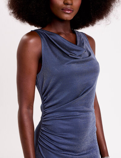 Robe longue fils m&eacute;tallis&eacute;s bleu fonc&eacute; femme