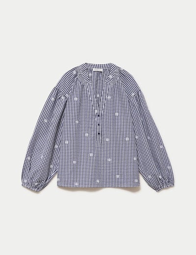 Blouse vichy brod&eacute;e bleu femme