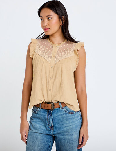 Blouse sans manches col rond beige femme