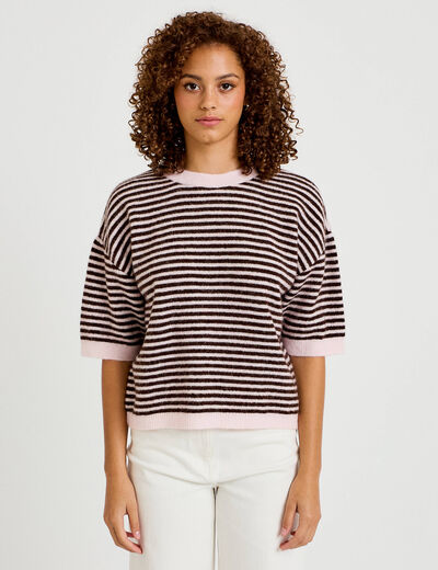 Pull ample duveteux manches courtes rose clair femme