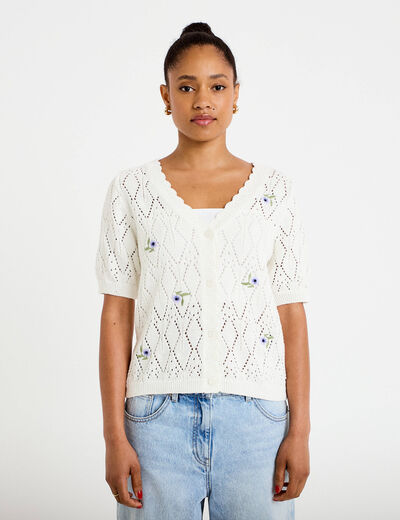 Gilet col v manches courtes brod&eacute; ecru femme