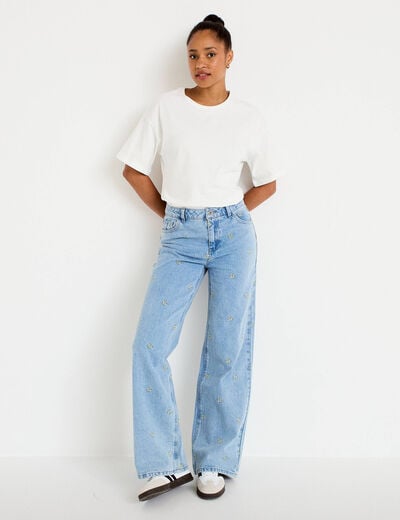 Jean wide leg taille haute brod&eacute; bleu femme