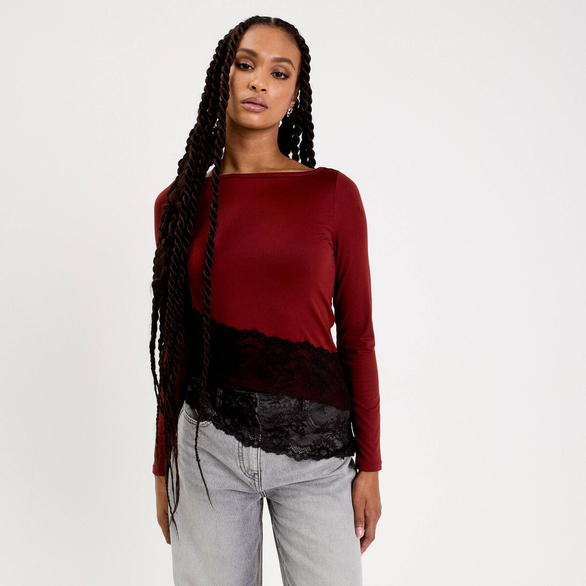 Top ajust&eacute; manches longues orange fonc&eacute; femme
