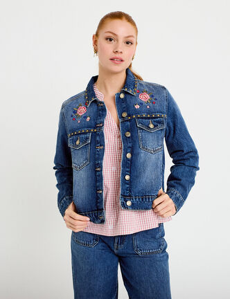 Veste en jean broderie d&eacute;tails clout&eacute;s denim double stone femme