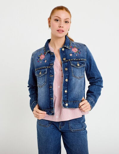Veste en jean broderie d&eacute;tails clout&eacute;s denim double stone femme
