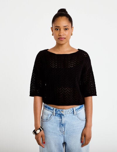 Pull ajour&eacute; aspect dentelle col rond noir femme
