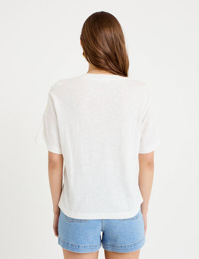 T-shirt col rond manches courtes brod&eacute; ecru femme