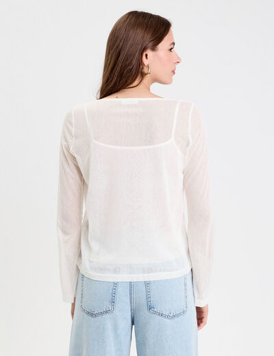 Top transparent col rond manches longues ecru femme