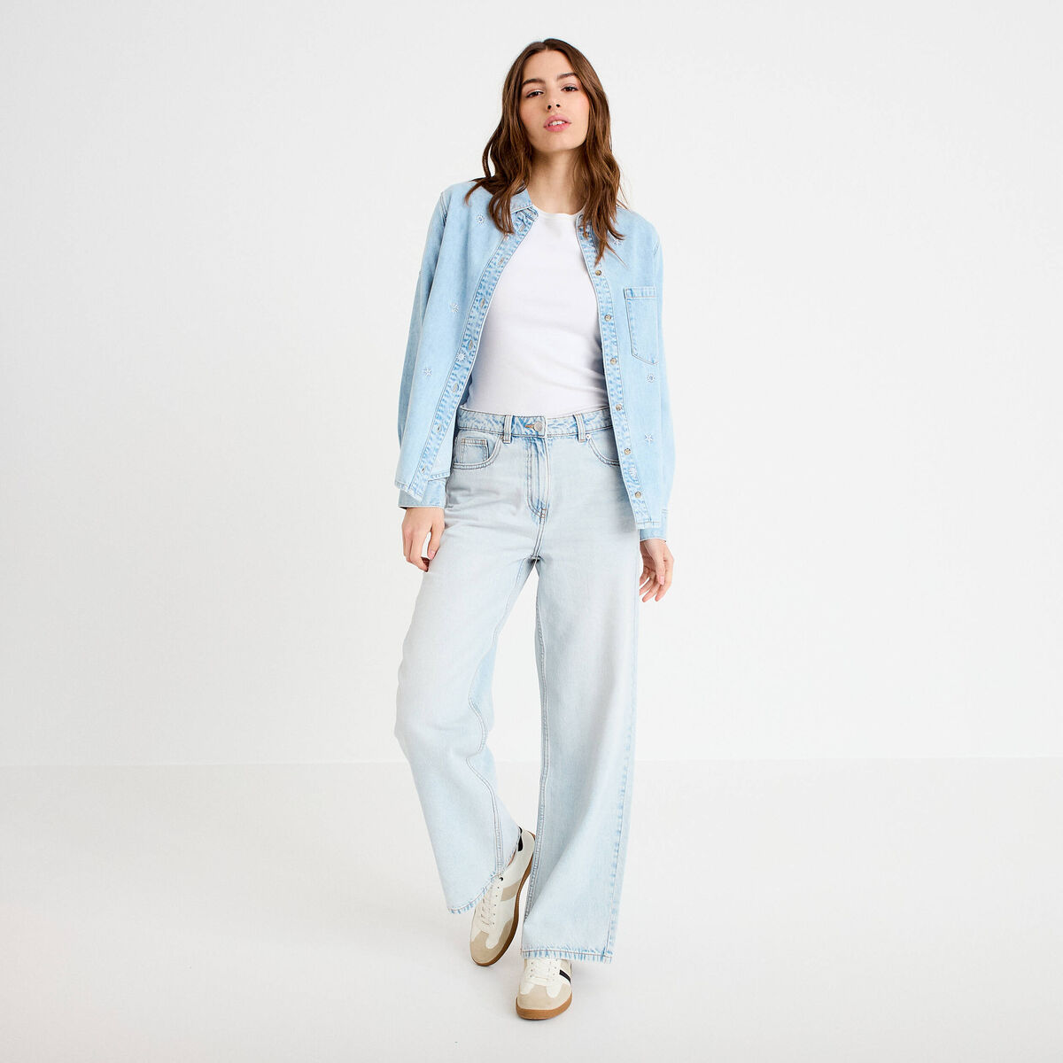 Jeans wide leg taille haute denim bleach femme
