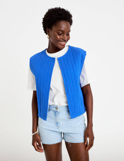 Gilet barman ample cropped pliss&eacute; bleu electrique femme