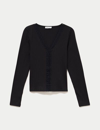 T-shirt ajust&eacute; dentelle manches longues noir femme