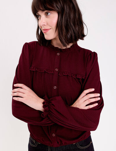 Blouse d&eacute;tails volants violet fonc&eacute; femme
