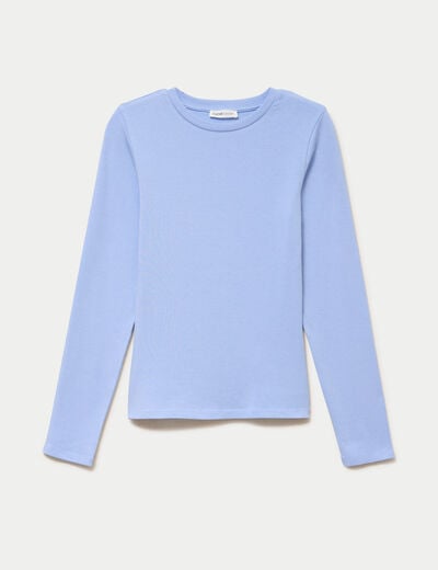 T-shirt cintr&eacute; col rond manches longues bleu clair femme