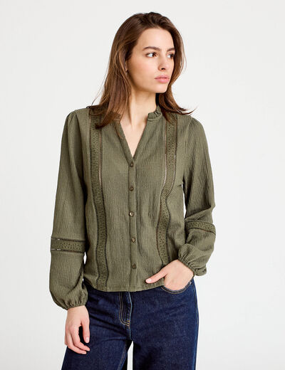 Blouse broderie col V manches longues vert kaki femme