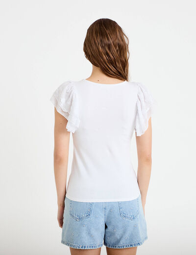 T-shirt ajust&eacute; dentelle col rond blanc femme