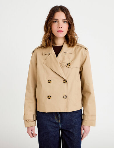 Trench droit court col tailleur sable femme