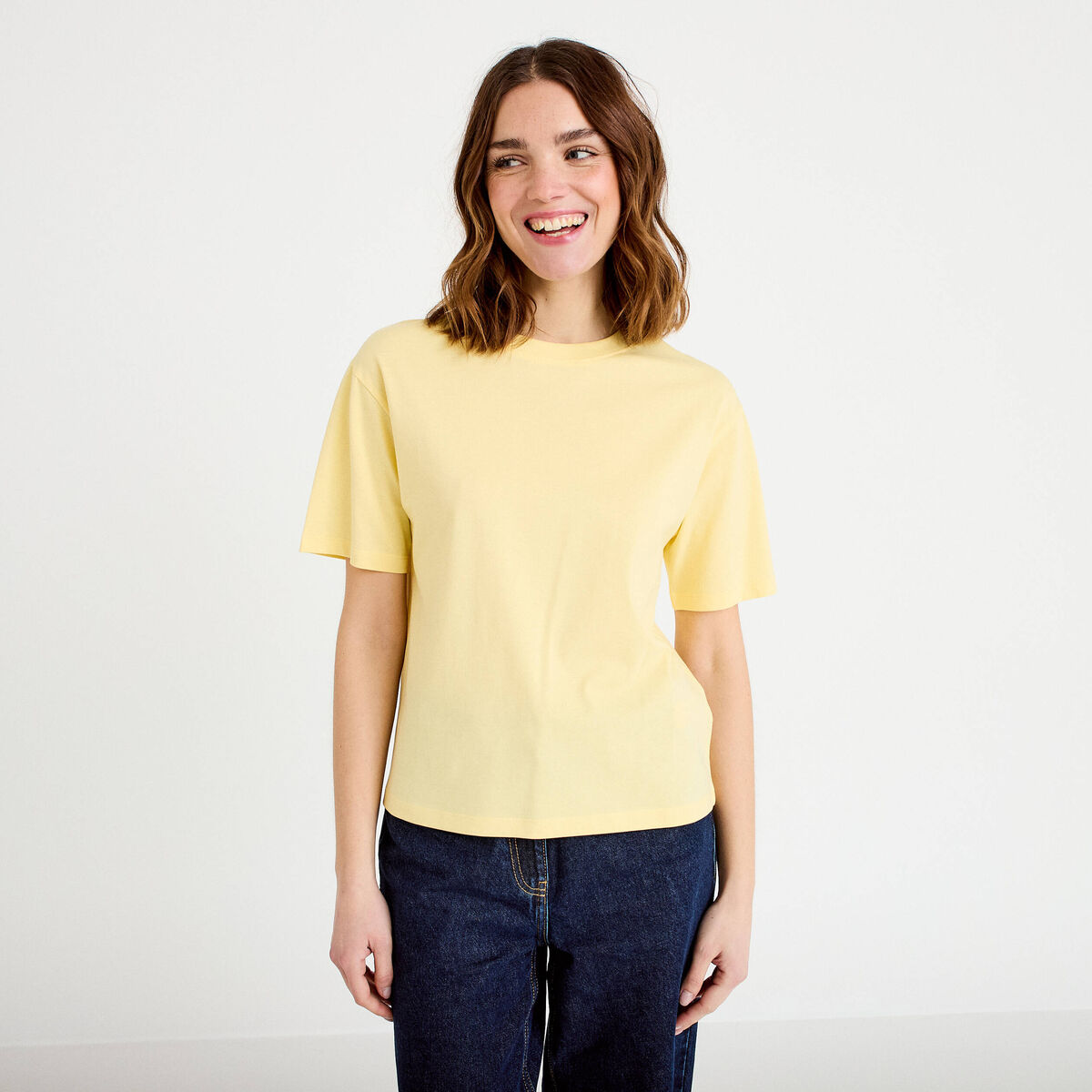 T-shirt col rond manches courtes jaune clair femme
