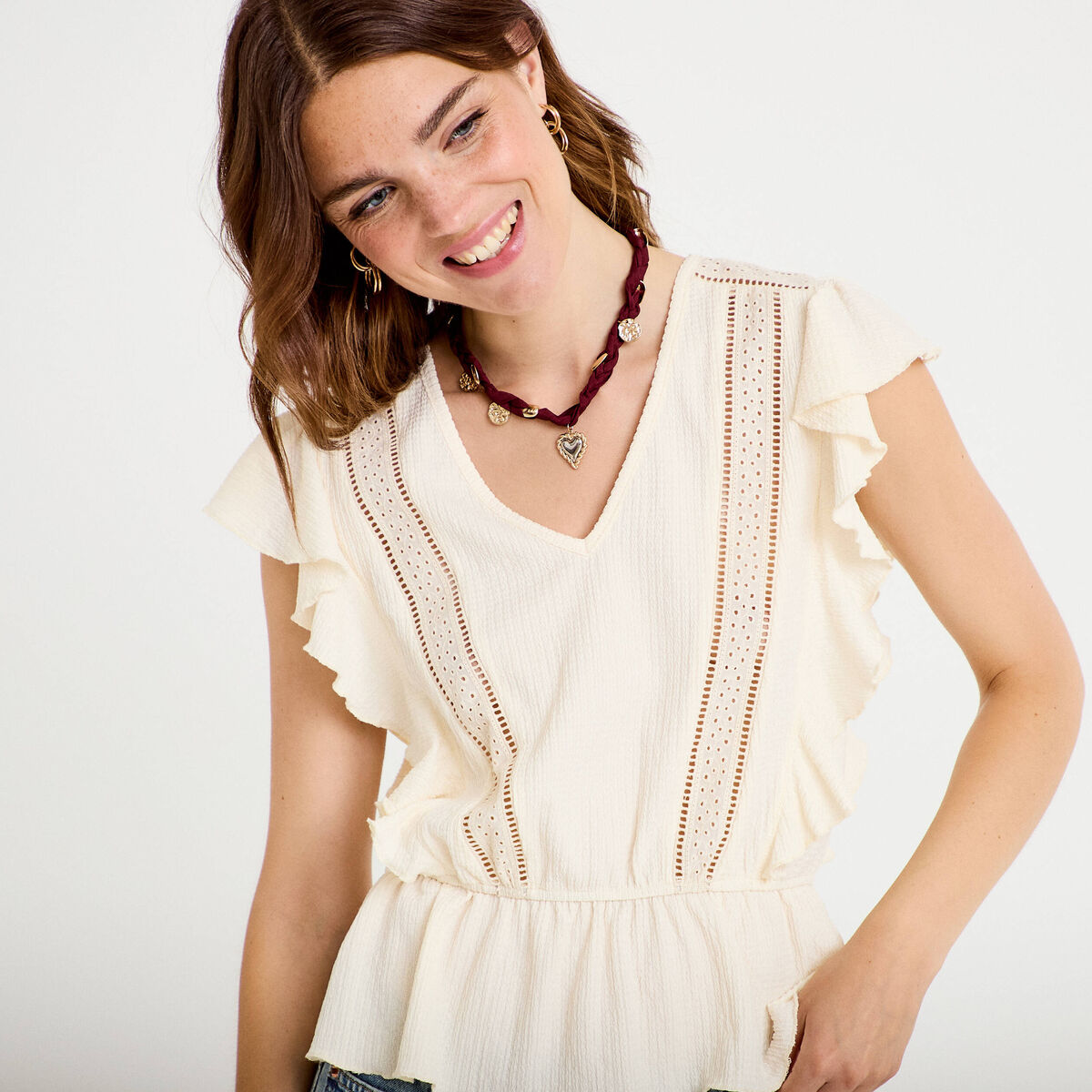 Blouse col rond manches courtes dentelle ecru femme