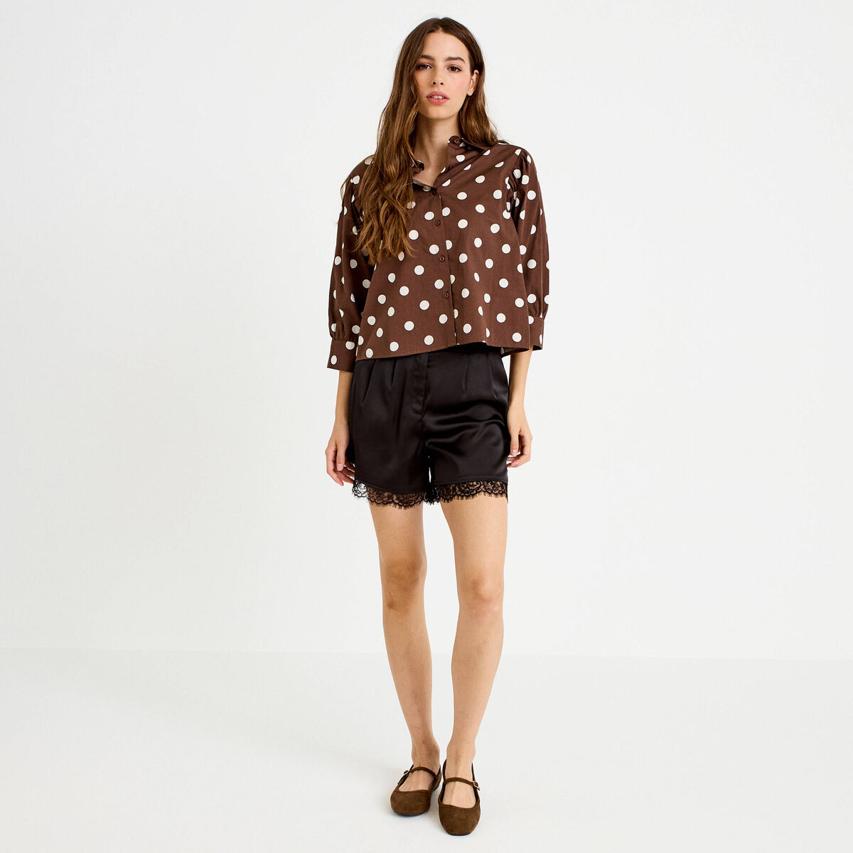 Chemise droite manches longues marron femme