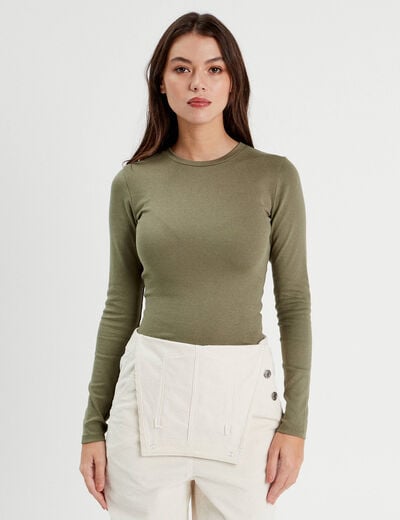 T-shirt cintr&eacute; col rond manches longues vert kaki femme