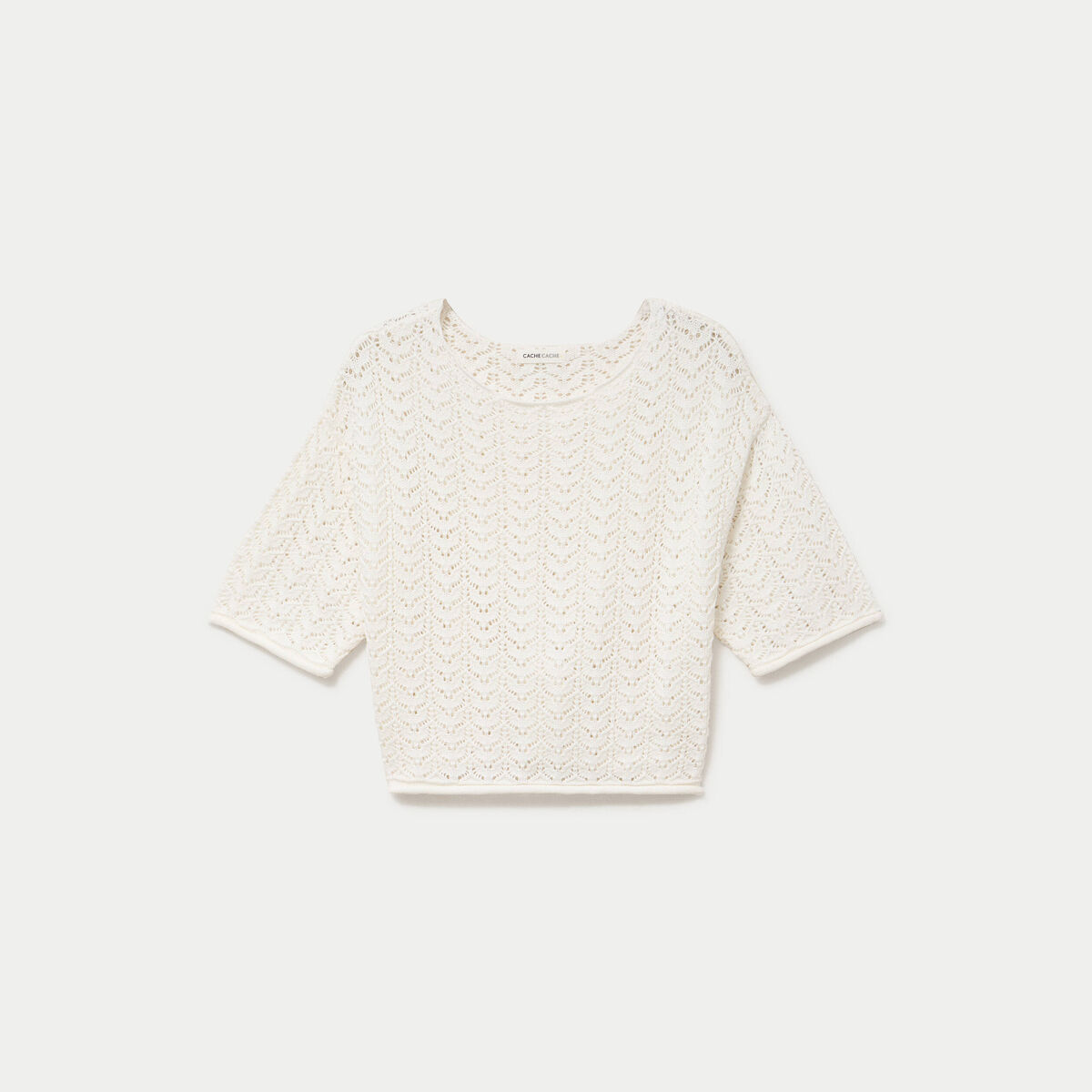 Pull ajour&eacute; aspect dentelle col rond ecru femme