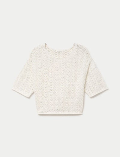 Pull ajour&eacute; aspect dentelle col rond ecru femme