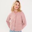 Gilet bouclette col rond manches longues rose poudr&eacute;e femme