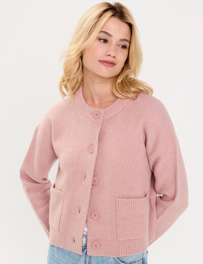 Gilet bouclette col rond manches longues rose poudr&eacute;e femme