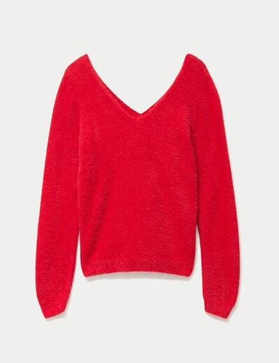 Pull col v manches longues perles rouge femme
