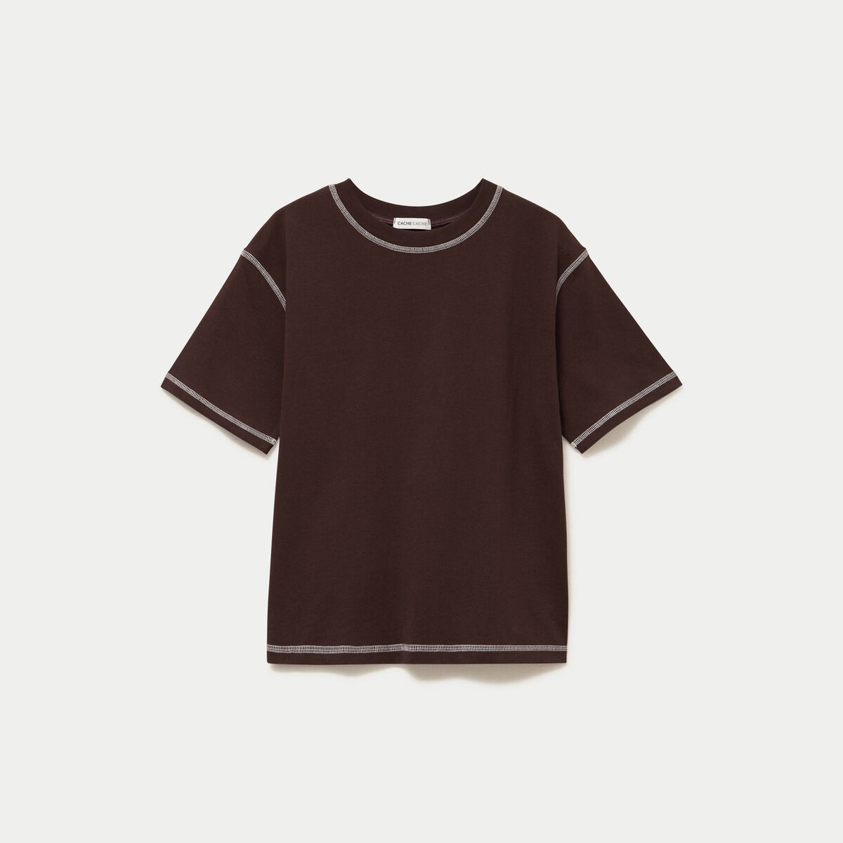 Top col rond manches courtes marron fonc&eacute; femme
