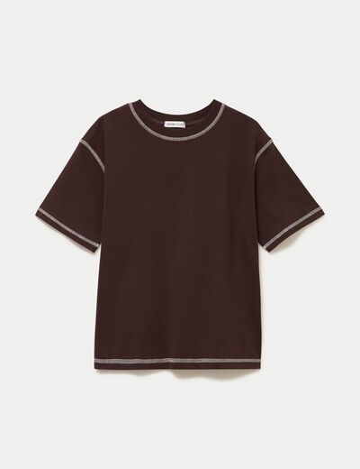 Top col rond manches courtes marron fonc&eacute; femme