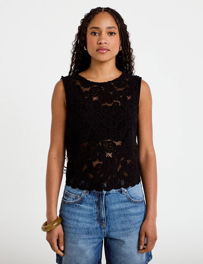 D&eacute;bardeur col rond aspect dentelle noir femme
