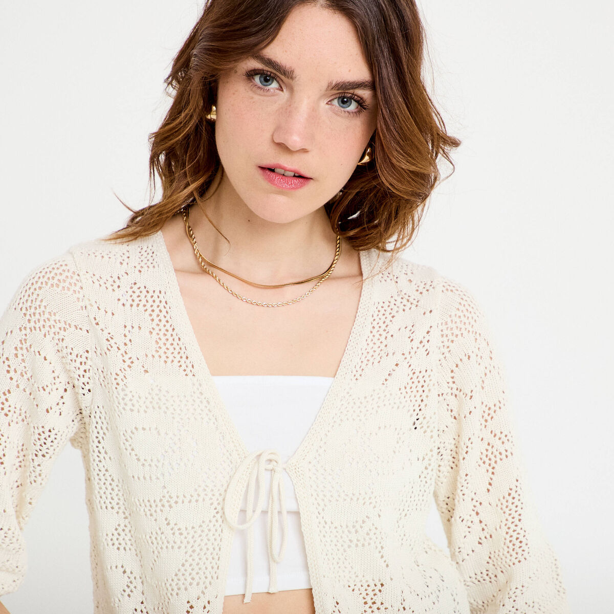 Gilet col v manches 3/4 aspect dentelle ecru femme