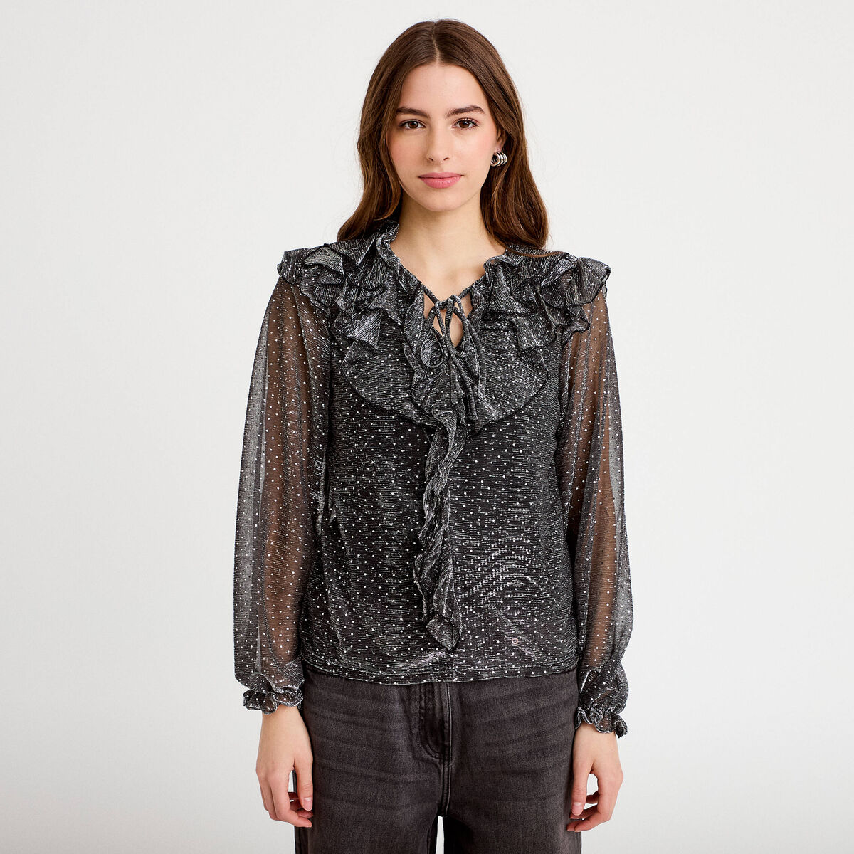 Blouse voile transparent paillet&eacute; gris argent femme