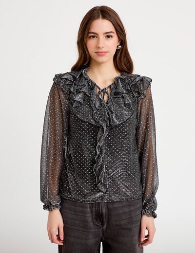 Blouse voile transparent paillet&eacute; gris argent femme