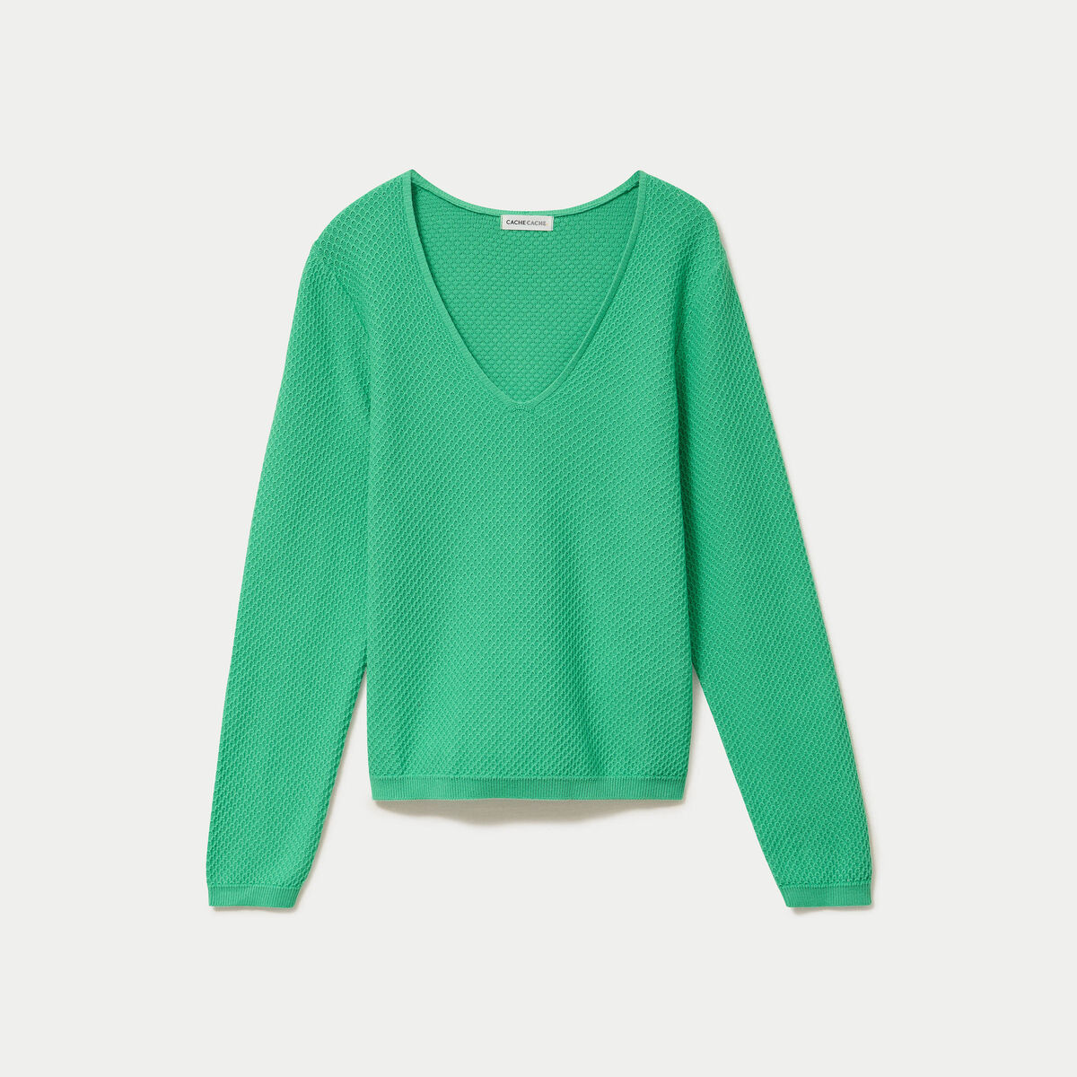 Pull col v manches longues vert femme