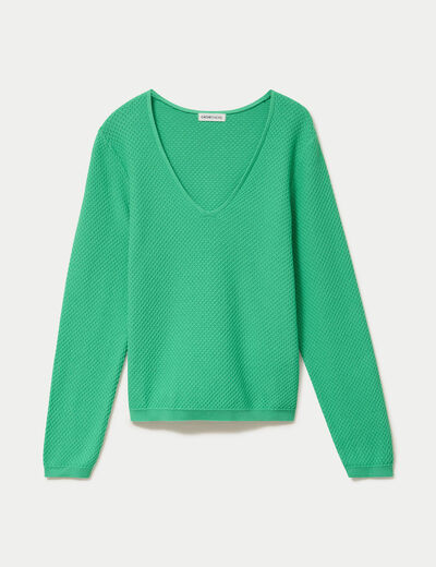 Pull col v manches longues vert femme
