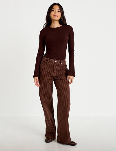 Jean wide leg ray&eacute; taille haute marron femme